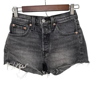 Levi 501 Denim Shorts Size 24 Black Distressed Button Fly Cut Off Western Grunge